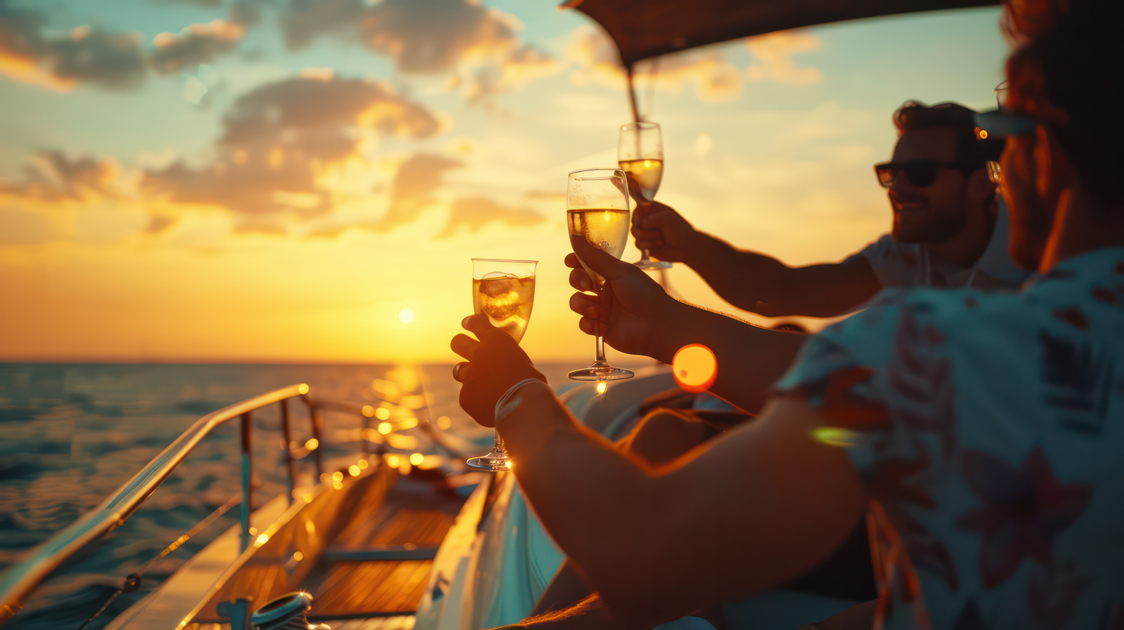 People toasting with champagne on luxury boat at sunset